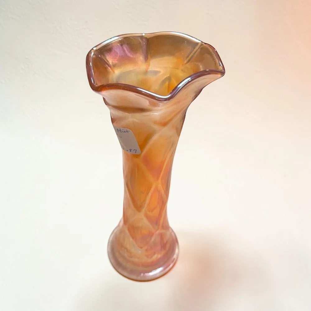 Antique Dugan Marigold Carnival Glass Lattice & Points Vase 9” Tall Ruffled Rim